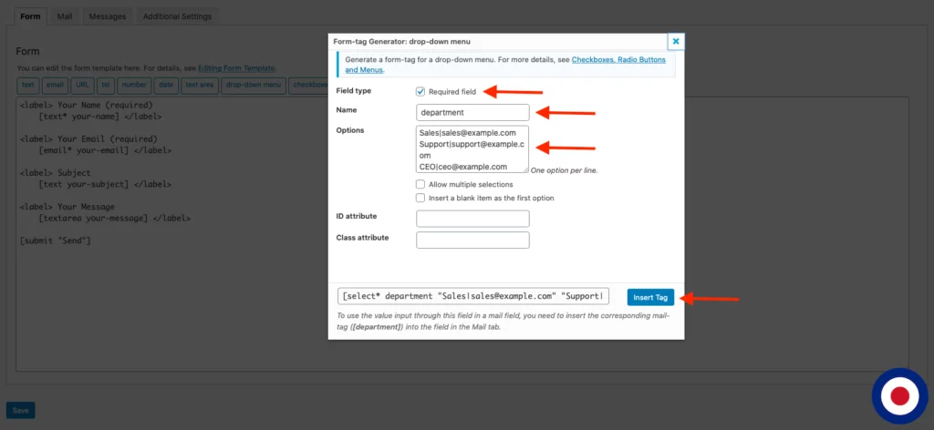 Contact Form 7 Tag Generator Options