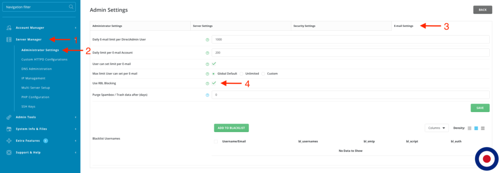 DirectAdmin RBL Blocking