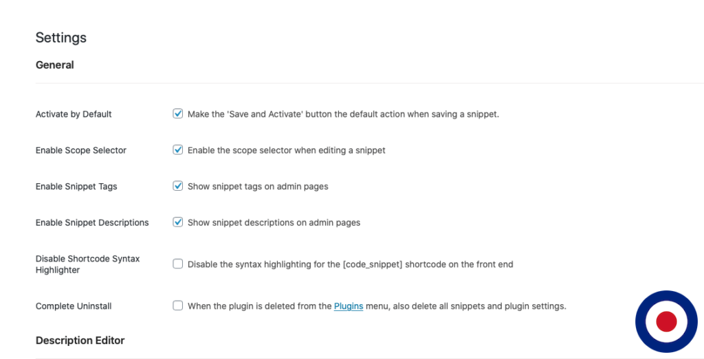 Code Snippets Plugin Settings