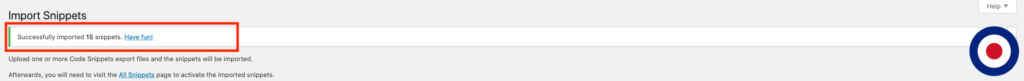 Code Snippets Import Message