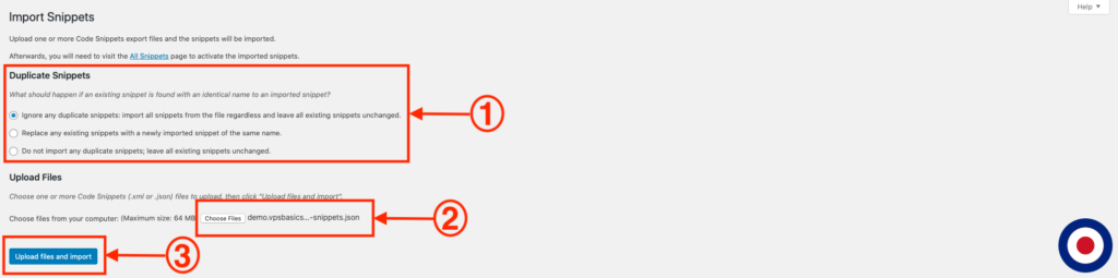 Code Snippets Import Options