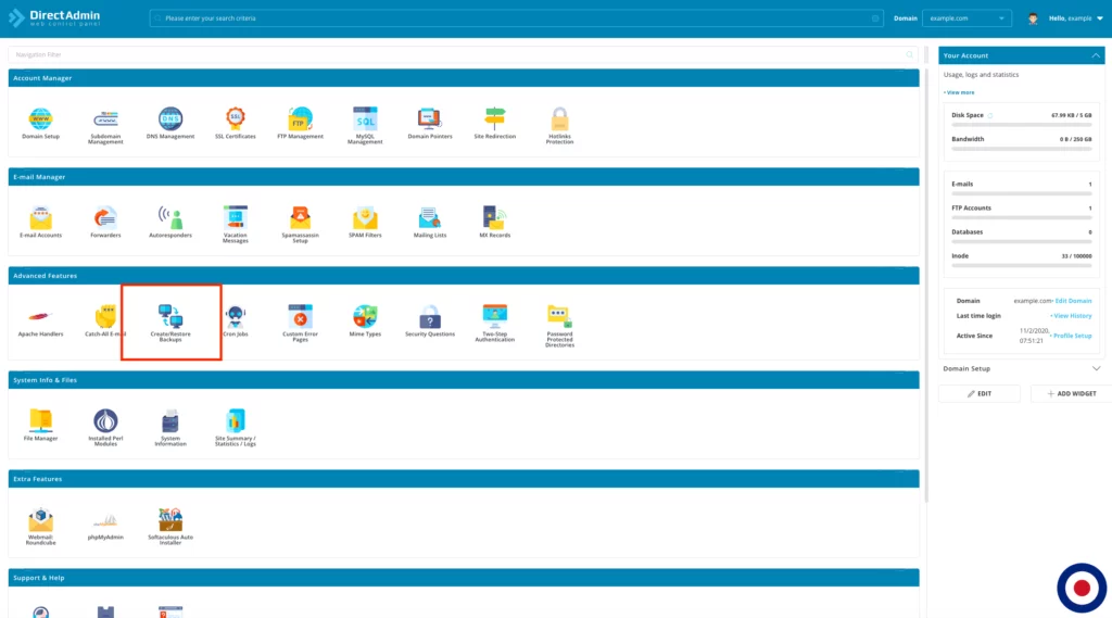 Create Backup DirectAdmin Dashboard