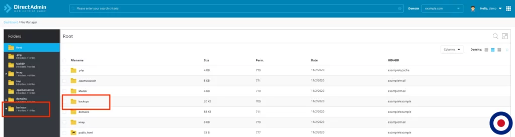 Create Backup DirectAdmin File Manager Backups