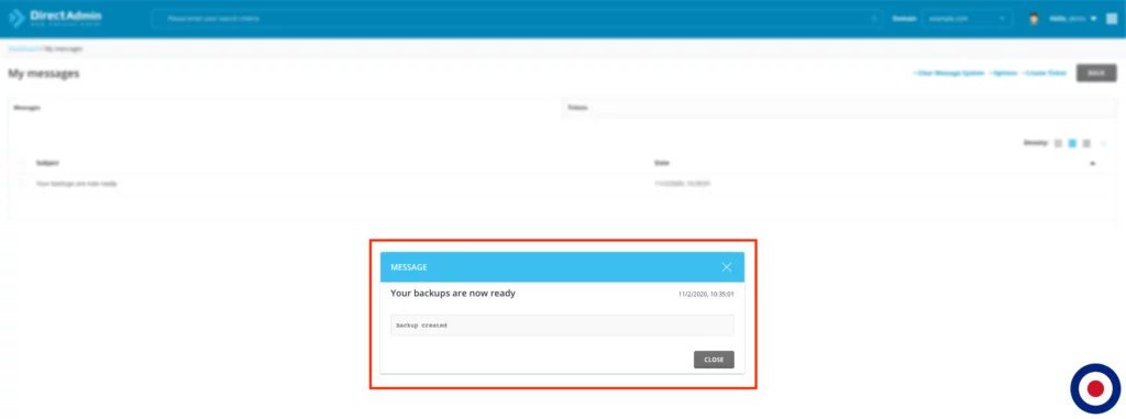 Create Backup DirectAdmin Message Complete