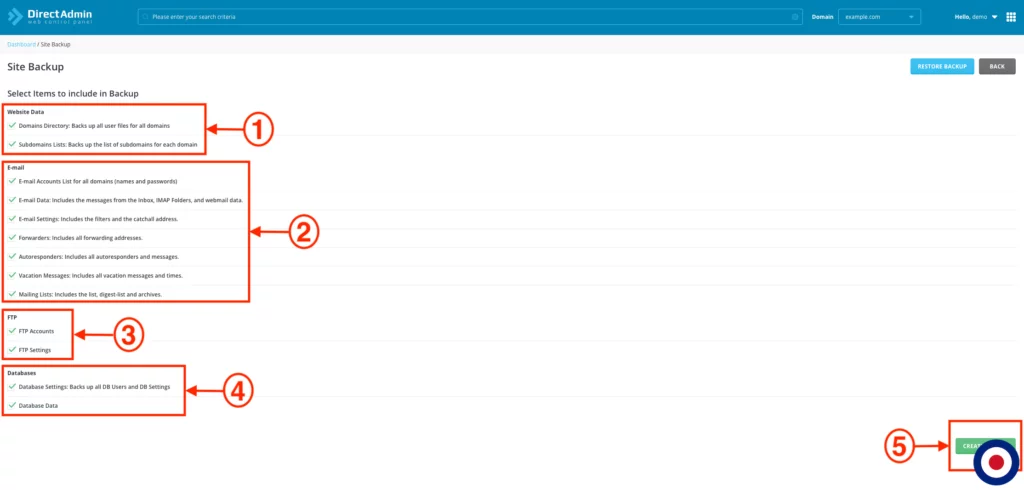 Create Backup DirectAdmin Options
