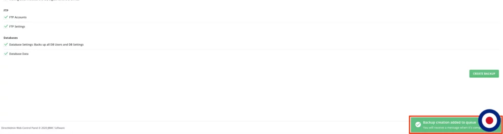 Create Backup DirectAdmin Progress