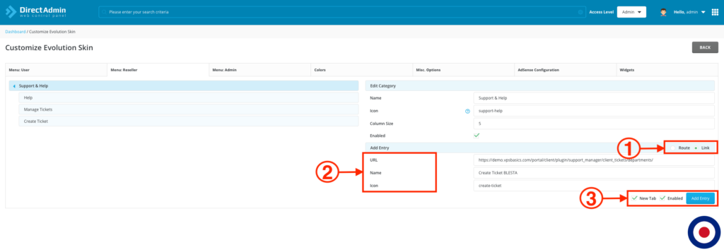 DirectAdmin Evolution Theme Add Entry