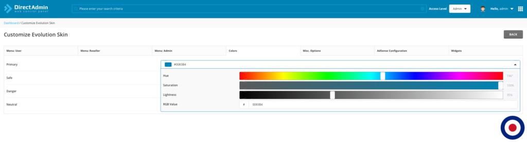 DirectAdmin Evolution Theme Colours