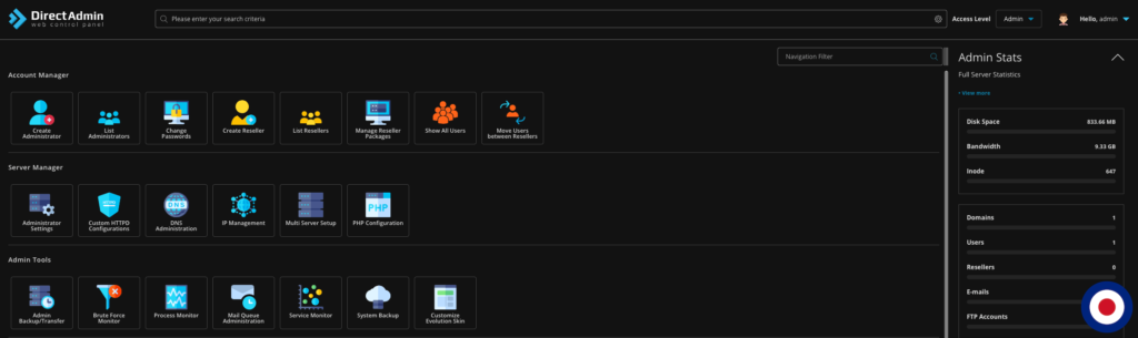 DirectAdmin Evolution Theme Dark Mode