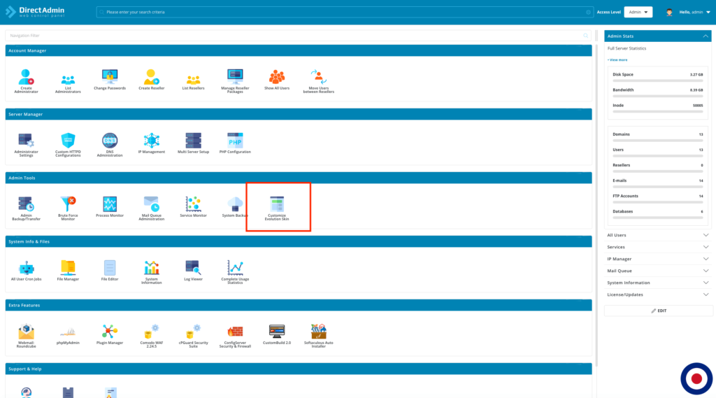 DirectAdmin Evolution Theme Dashboard