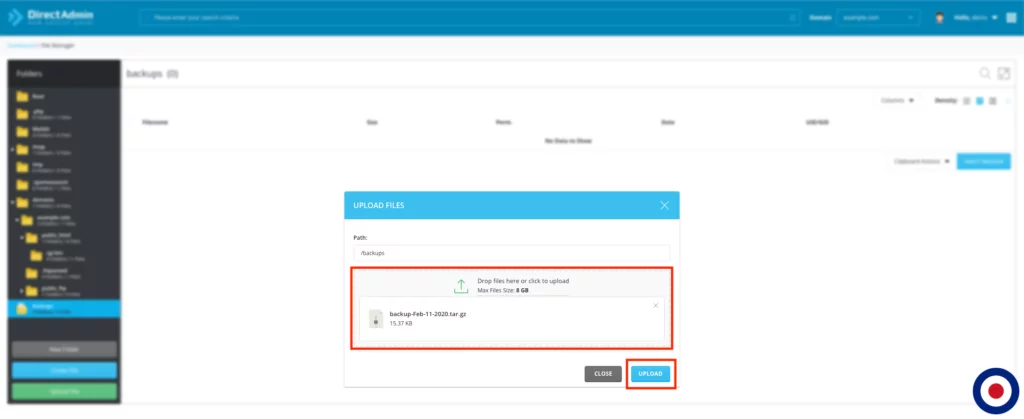 Restore Backup DirectAdmin File Manager Add