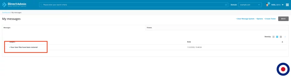 Restore Backup DirectAdmin Message