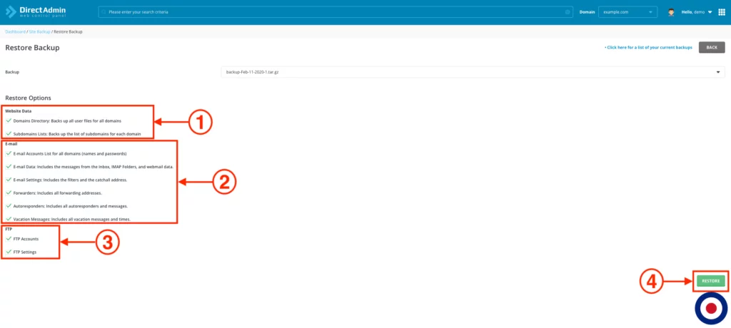 Restore Backup DirectAdmin Options