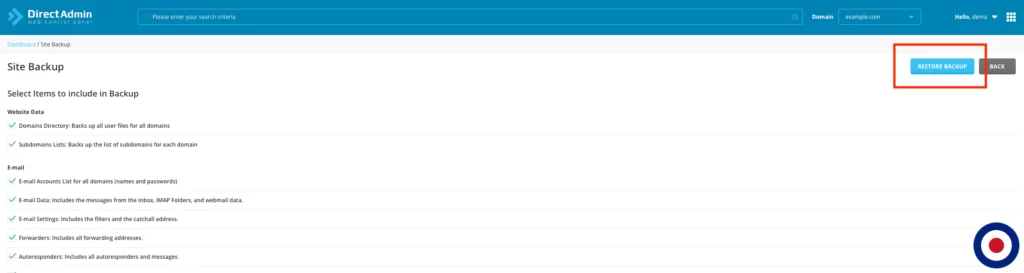 Restore Backup DirectAdmin