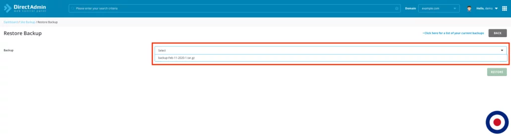 Restore Backup DirectAdmin Select