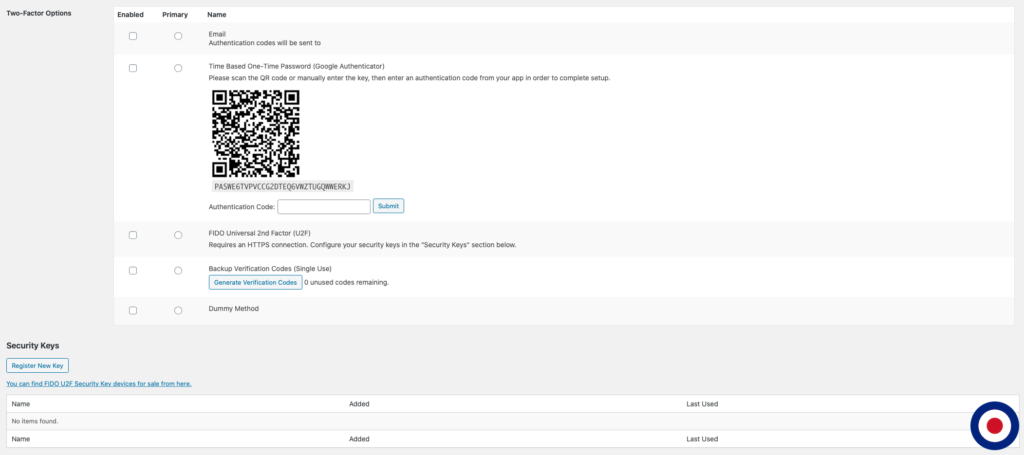 Two Factor Plugin WordPress Options