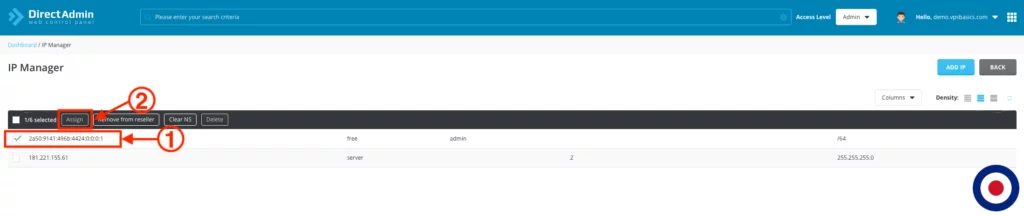 Add IPv6 DirectAdmin - Assign