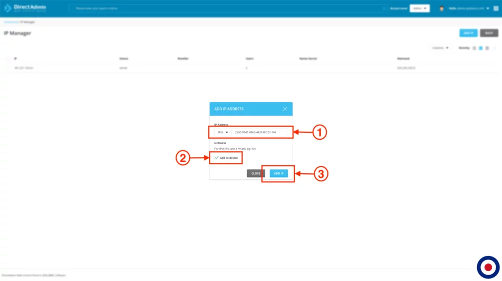 Add IPv6 DirectAdmin - IPv6 Address